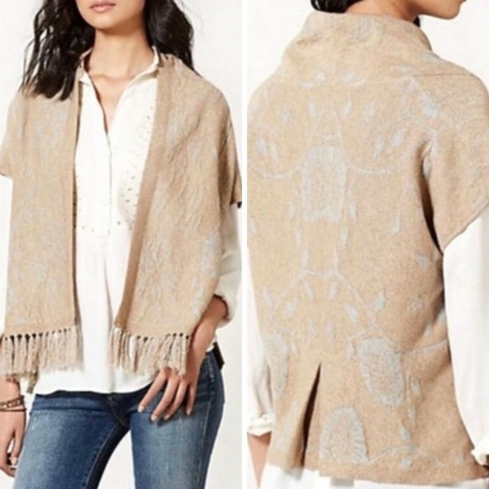 Anthro ANGEL OF THE NORTH Icebloom Cardigan Sweater Fringe Trim Open Front Tan